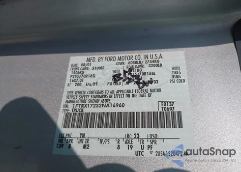 2002 Ford F-150 Xl/Xlt из США, поврежденный, VIN 1FTRX17232NA16960